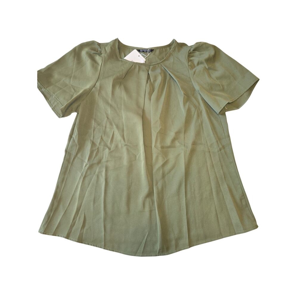 Sz 10 BLOOMCHIC Moss Green Puff Short Sleeve Pleated Keyhold Round Neck Blouse